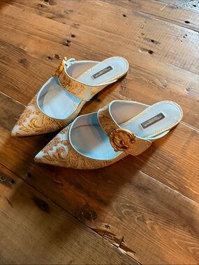 Dolce & Gabbana Bellucci Gold Brocade Pointed Mule Slides with Medallion